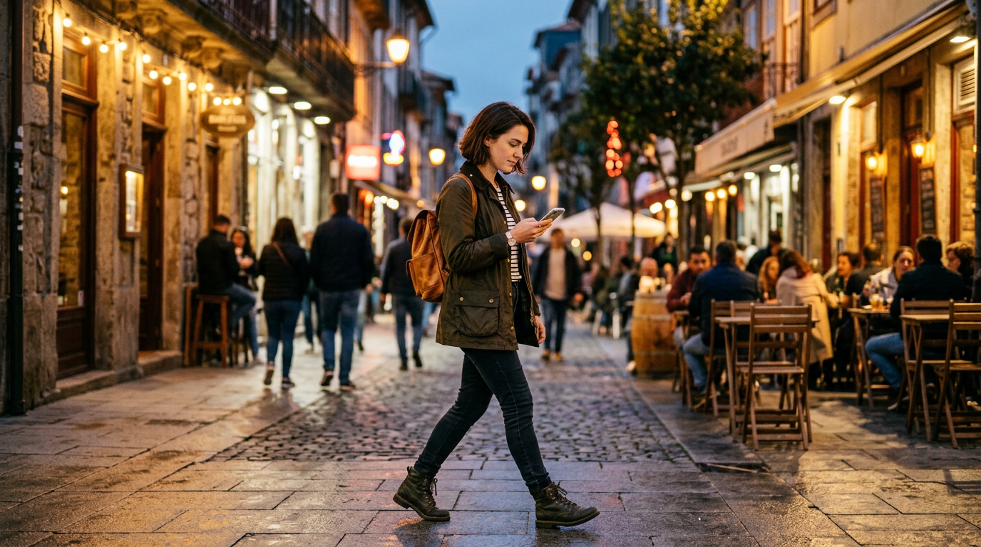A woman traveling solo checks her phone while walking through a well-lit city street in the evening