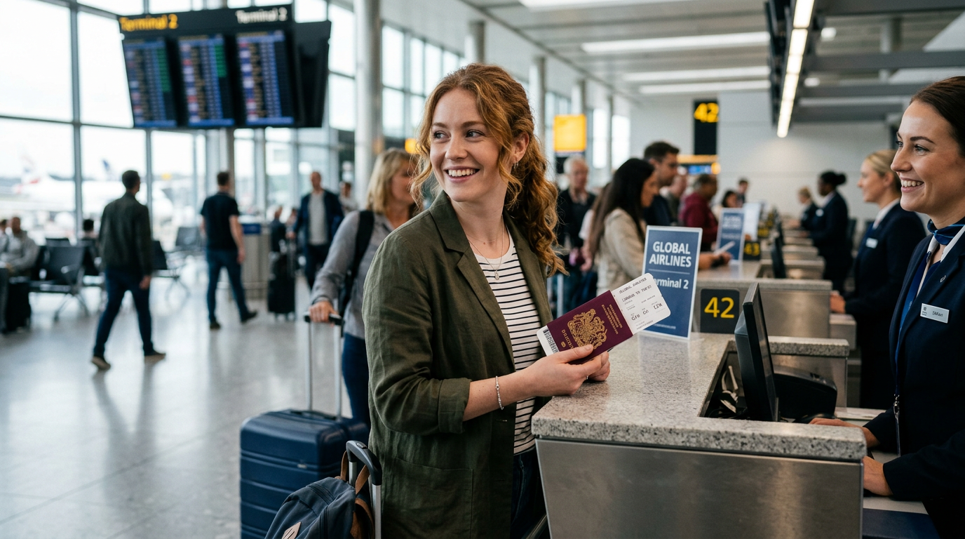 Traveler holding a passport and boarding pass at an airport check-in counter