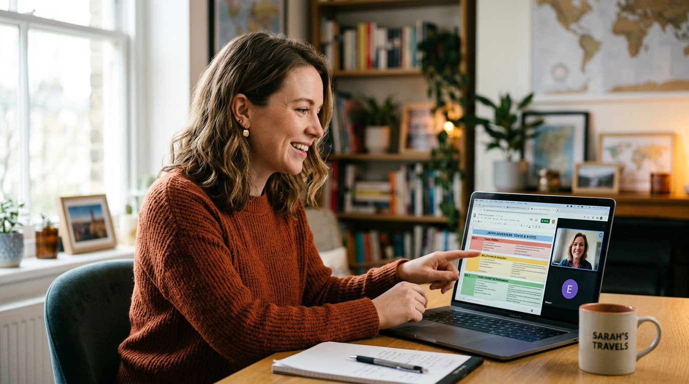 A travel advisor on a video call, reviewing a trip itinerary with a client