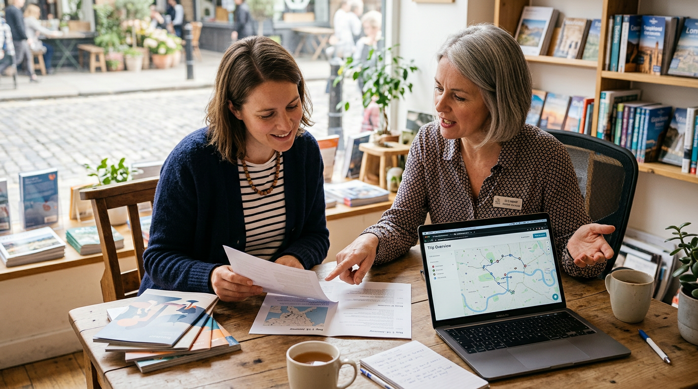 A traveler reviewing a trip itinerary with a travel advisor at a desk with a laptop and printed documents
