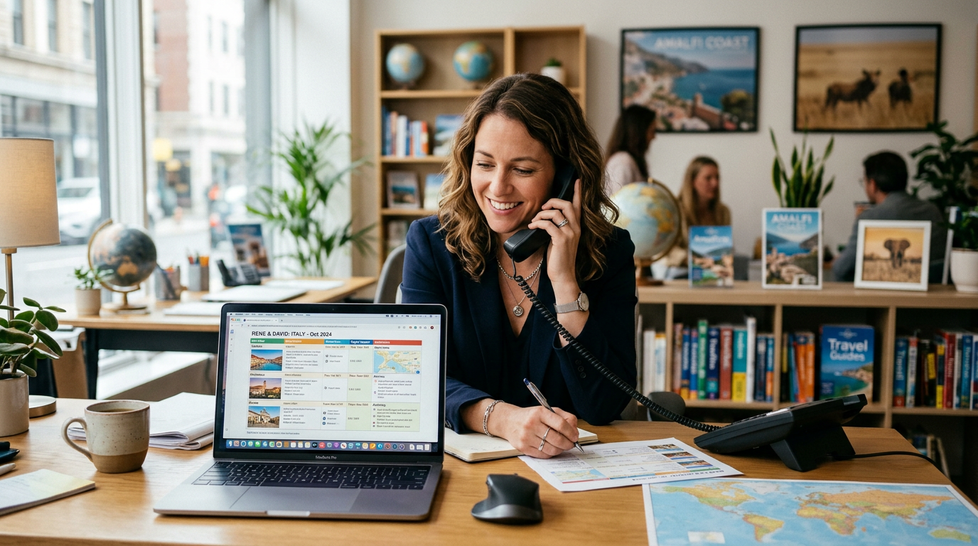 A travel advisor at a desk reviewing a draft itinerary on a laptop while talking with a client on the phone