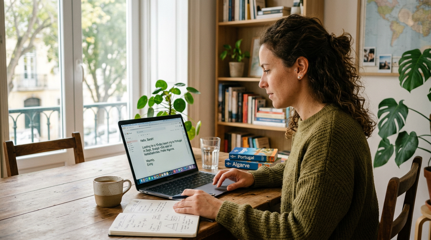 Travel advisor reading a short client message on a laptop while planning a trip
