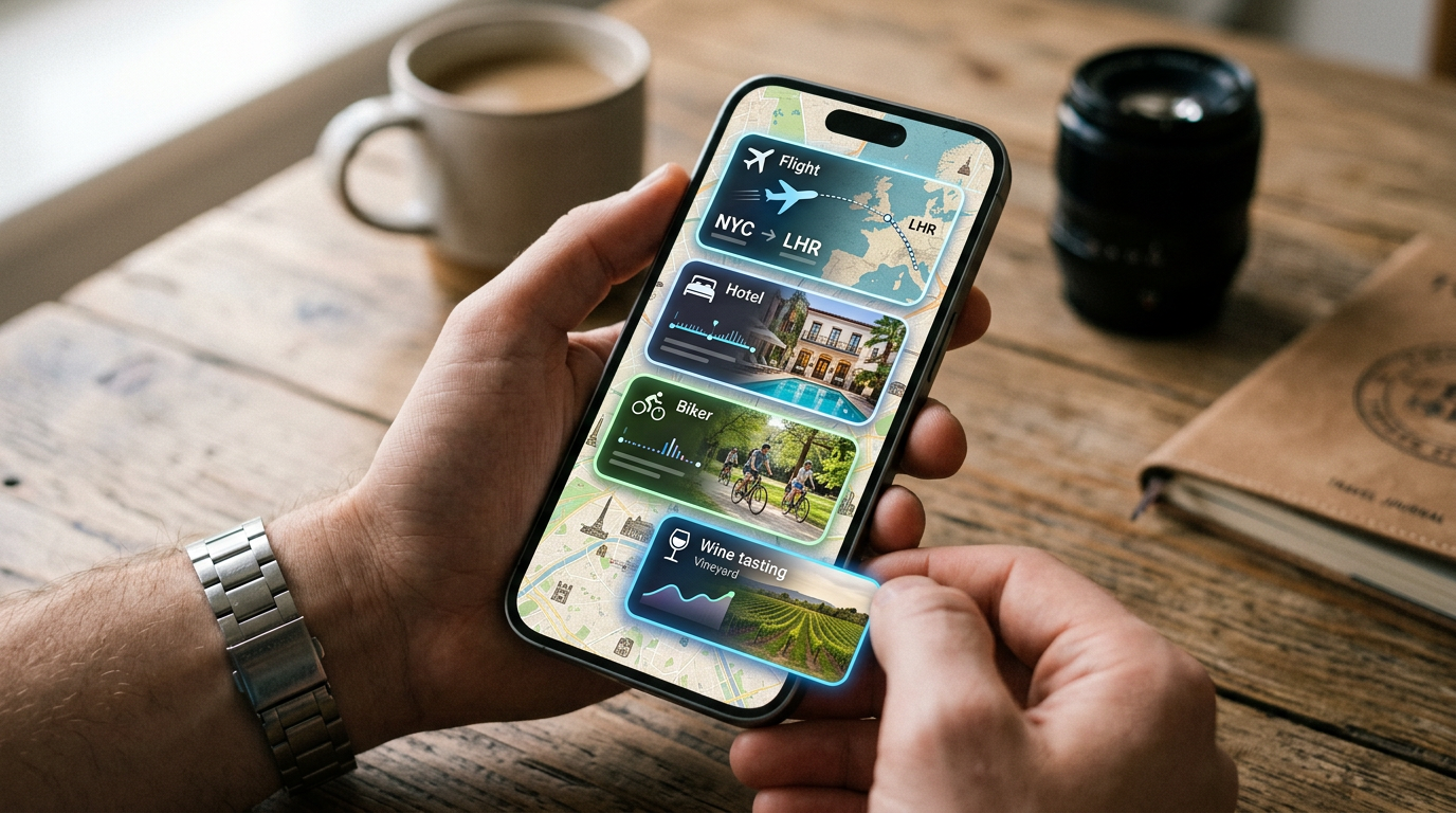 A phone screen showing a trip itinerary building itself piece by piece, with flight, hotel, and activity cards appearing over a map background