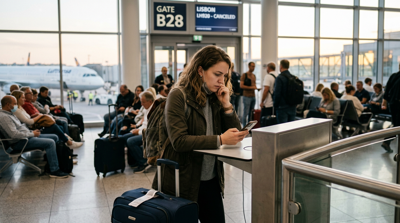 Traveler checking a rebooking option on a phone at an airport gate after a flight cancellation