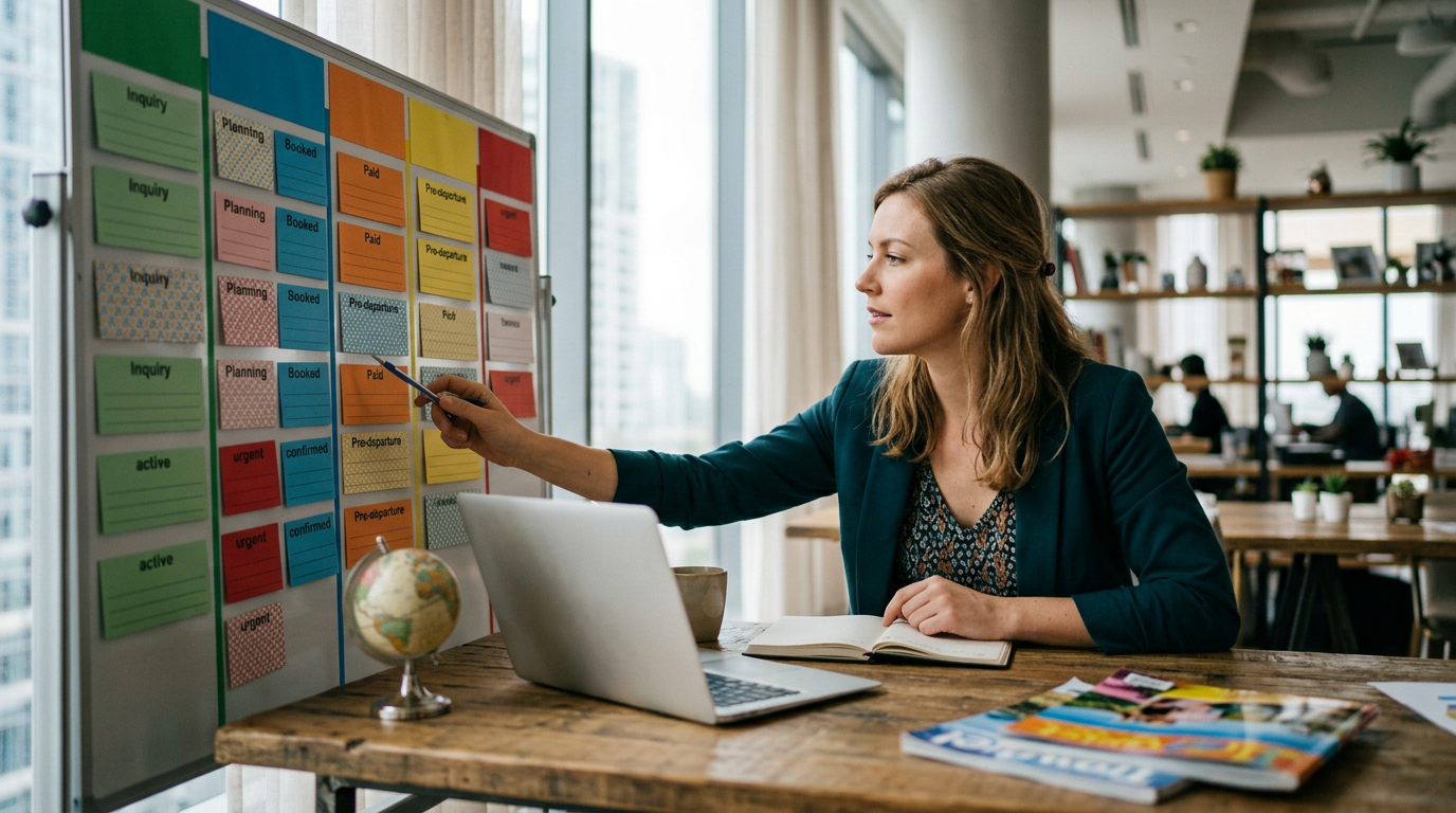 Travel advisor reviewing a color-coded status board of multiple client trip requests at a desk