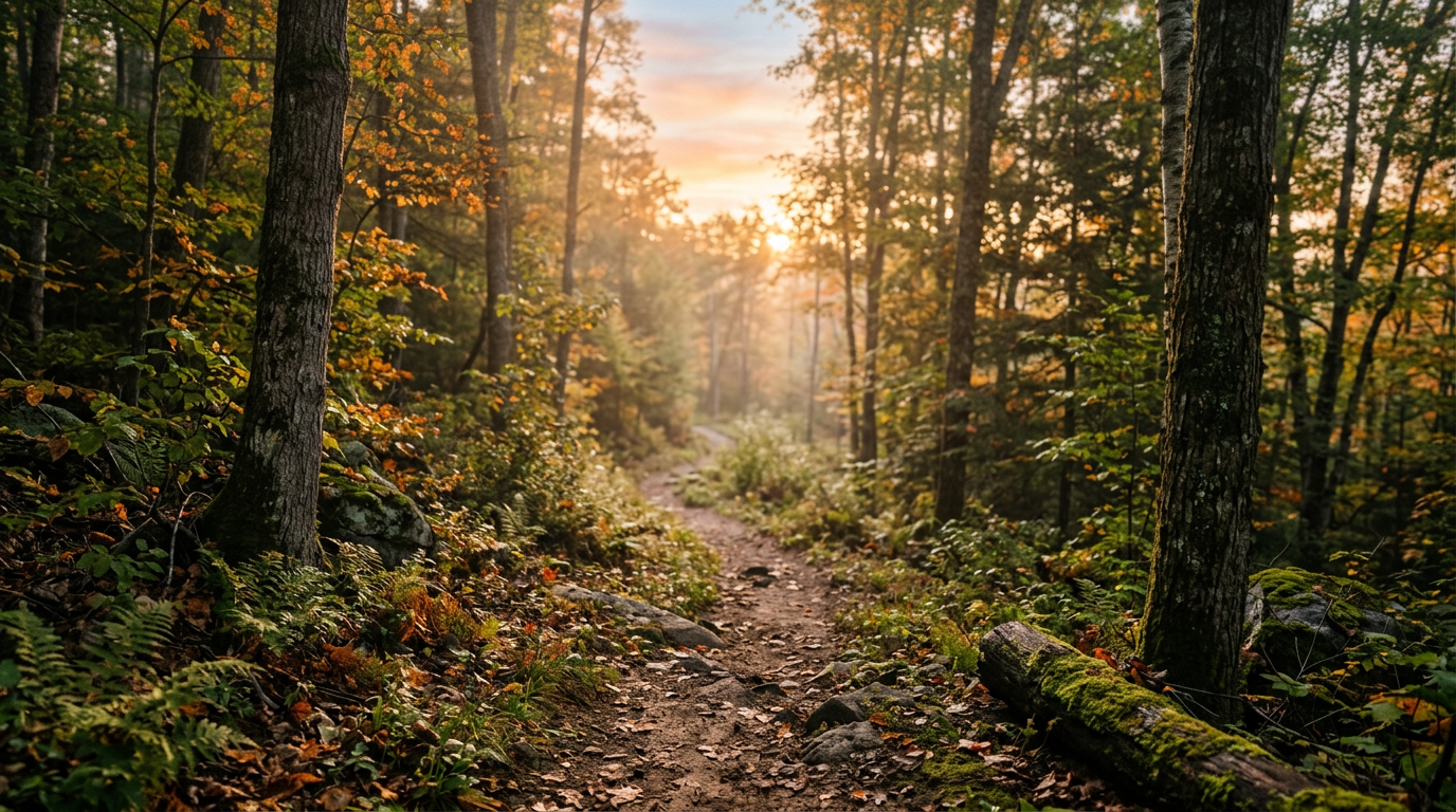 A quiet forest trail in a lesser-visited national park at sunrise with no other hikers in sight