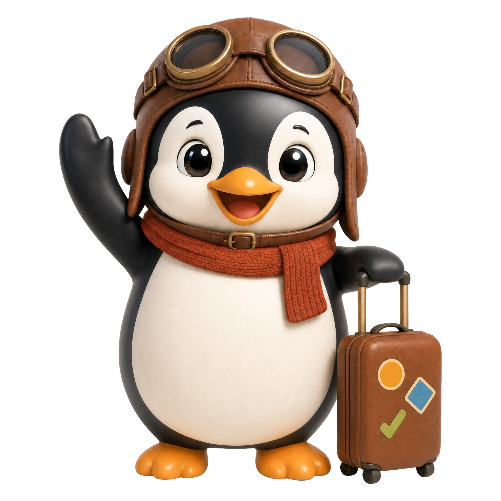 Marlow, the Tripdash travel buddy, waving next to a rolling suitcase