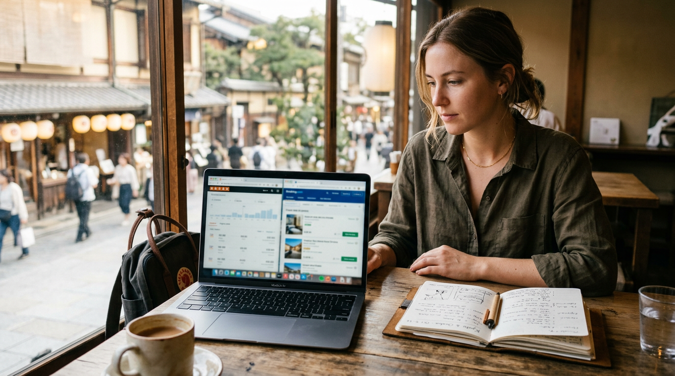 A traveler comparing flight and hotel prices on a laptop next to a notebook with a trip itinerary