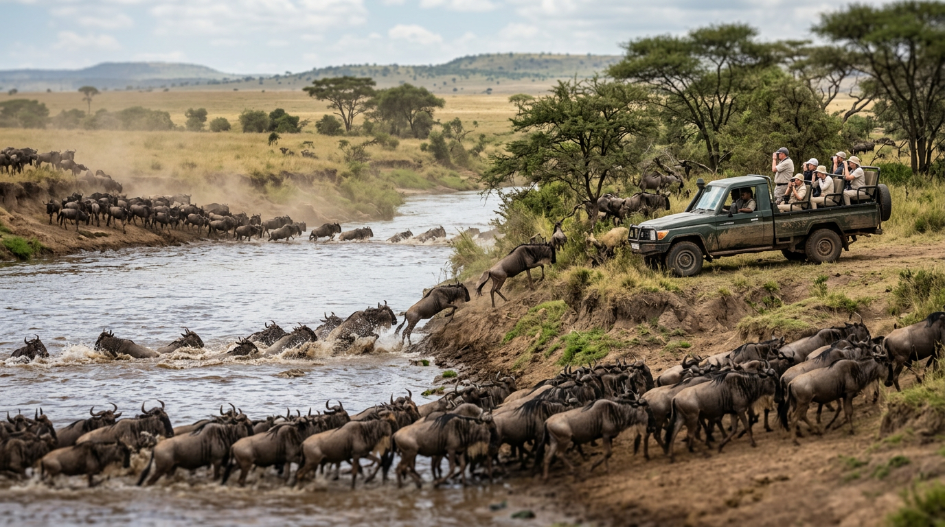 A safari vehicle watching a herd of wildebeest cross a river during the Serengeti migration