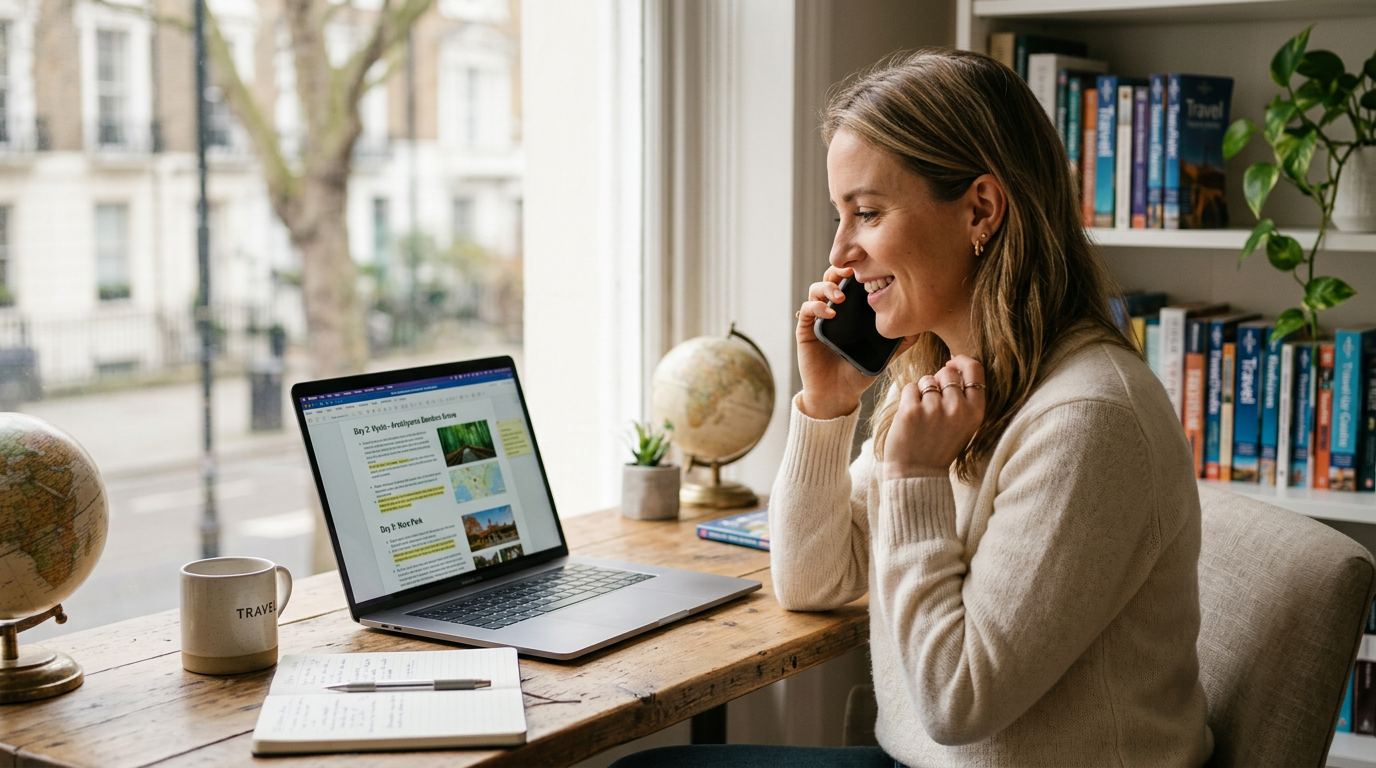 A travel advisor reviewing a draft itinerary on a laptop while talking with a client on the phone