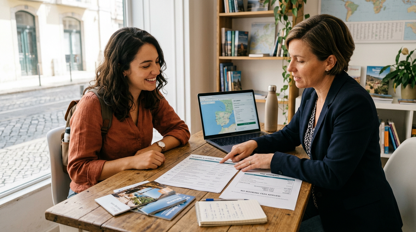 Traveler reviewing a trip itinerary with an advisor, with no booking fee line item on the invoice