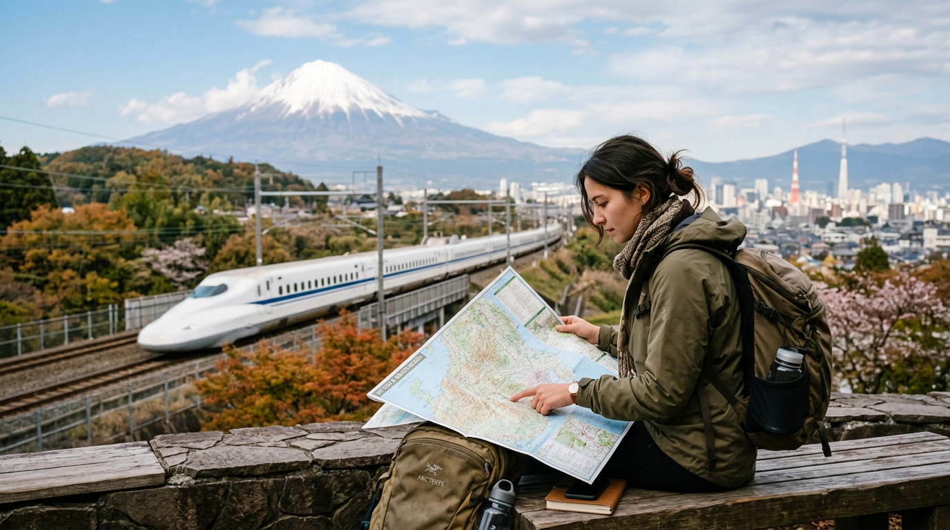 A traveler studying a map with the Shinkansen bullet train passing Mt. Fuji in the background, Tokyo skyline in the distance