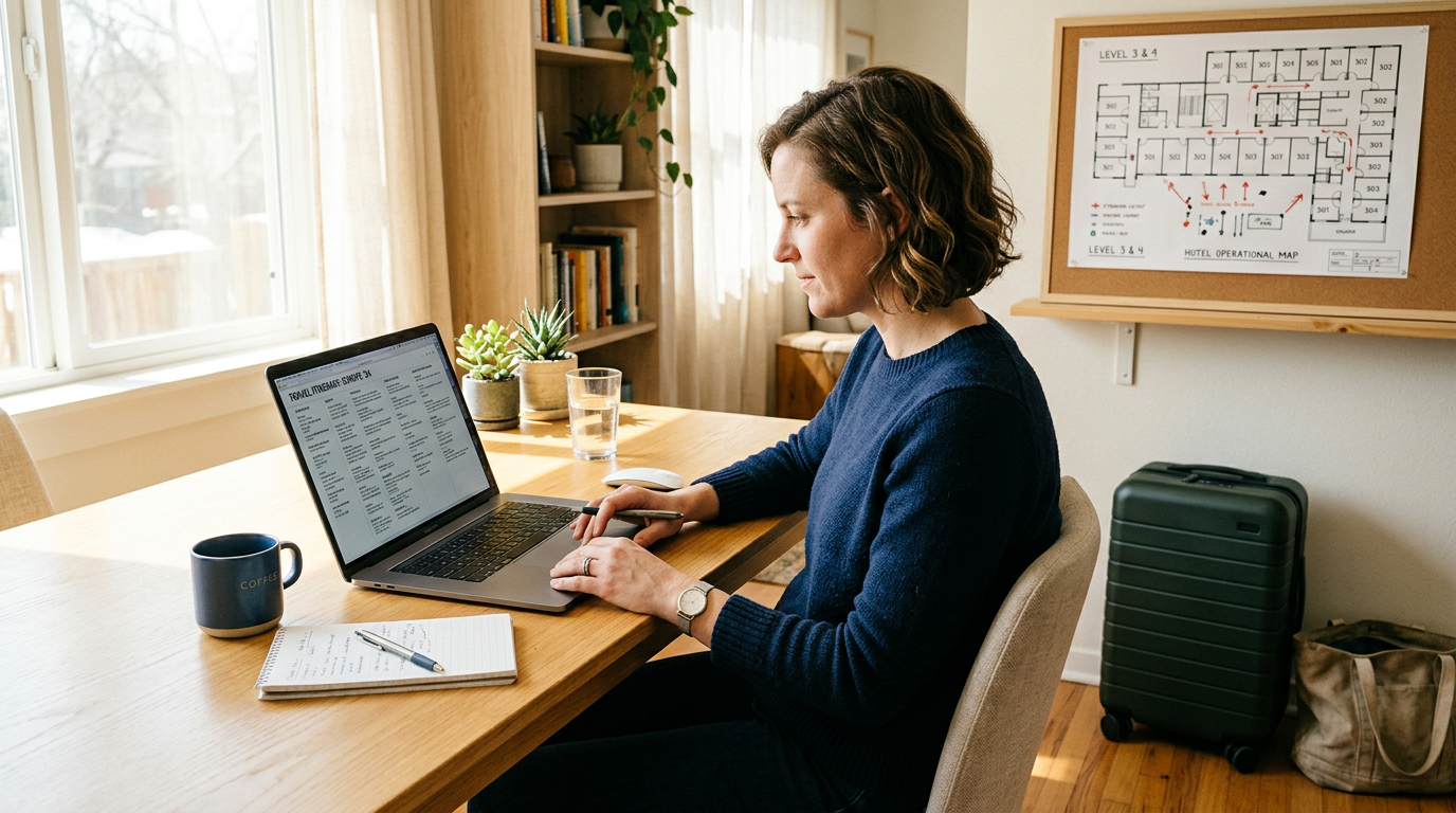 A former hotel operations manager reviewing a travel itinerary on a laptop at a bright desk, with a hotel floor plan and a suitcase in the background, warm natural light