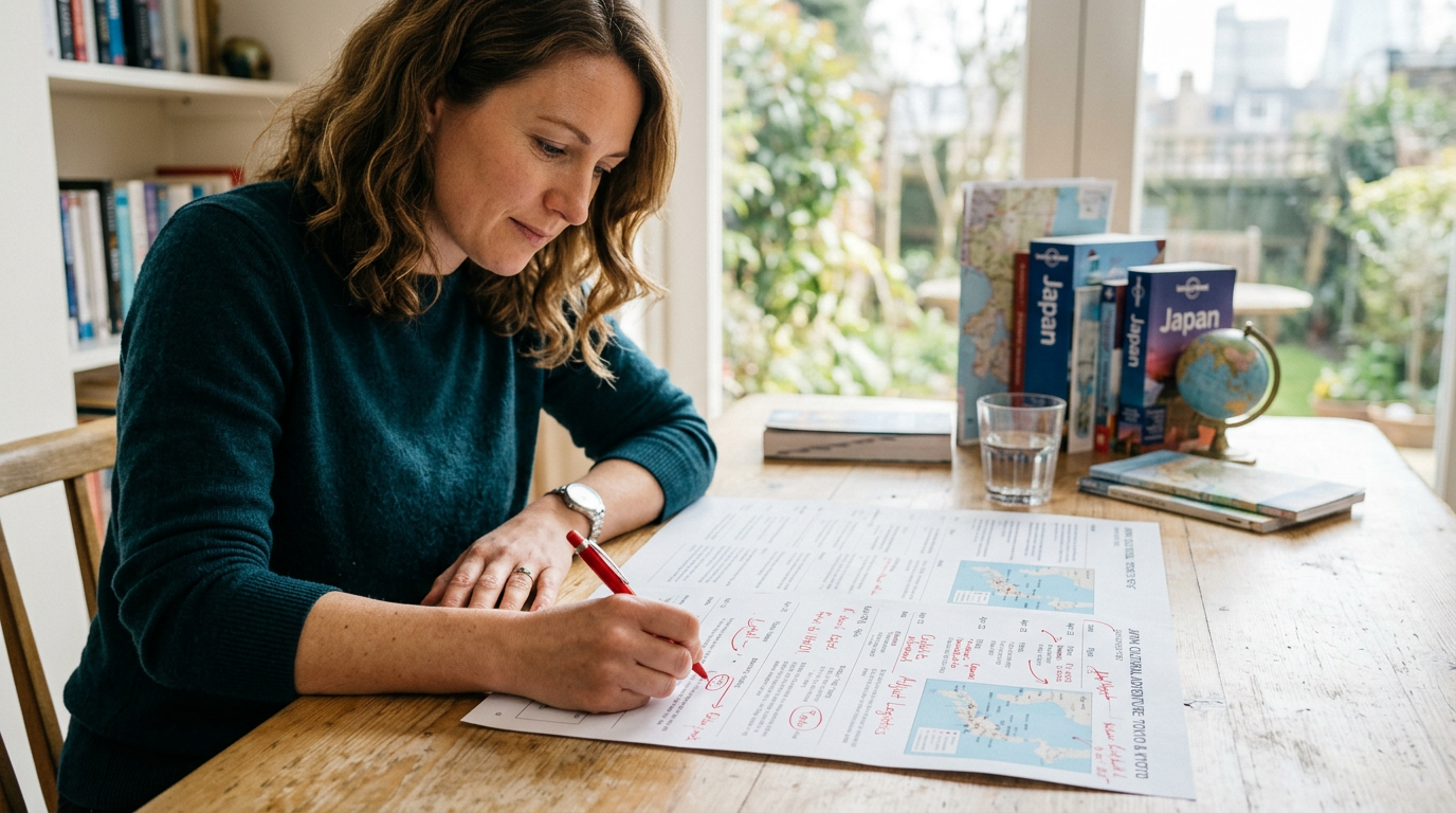 A travel advisor marking up a printed trip itinerary with handwritten corrections