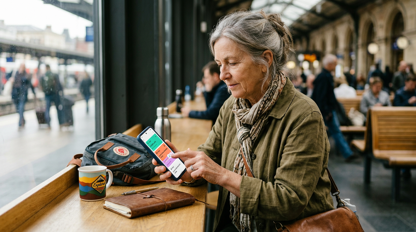 A traveler updating dates on a trip itinerary app, with flight and hotel cards adjusting on screen instead of a blank new plan