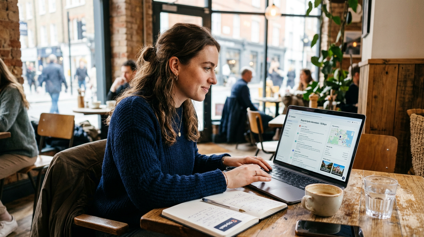 A Tripdash advisor reviewing an AI-generated trip itinerary draft on a laptop