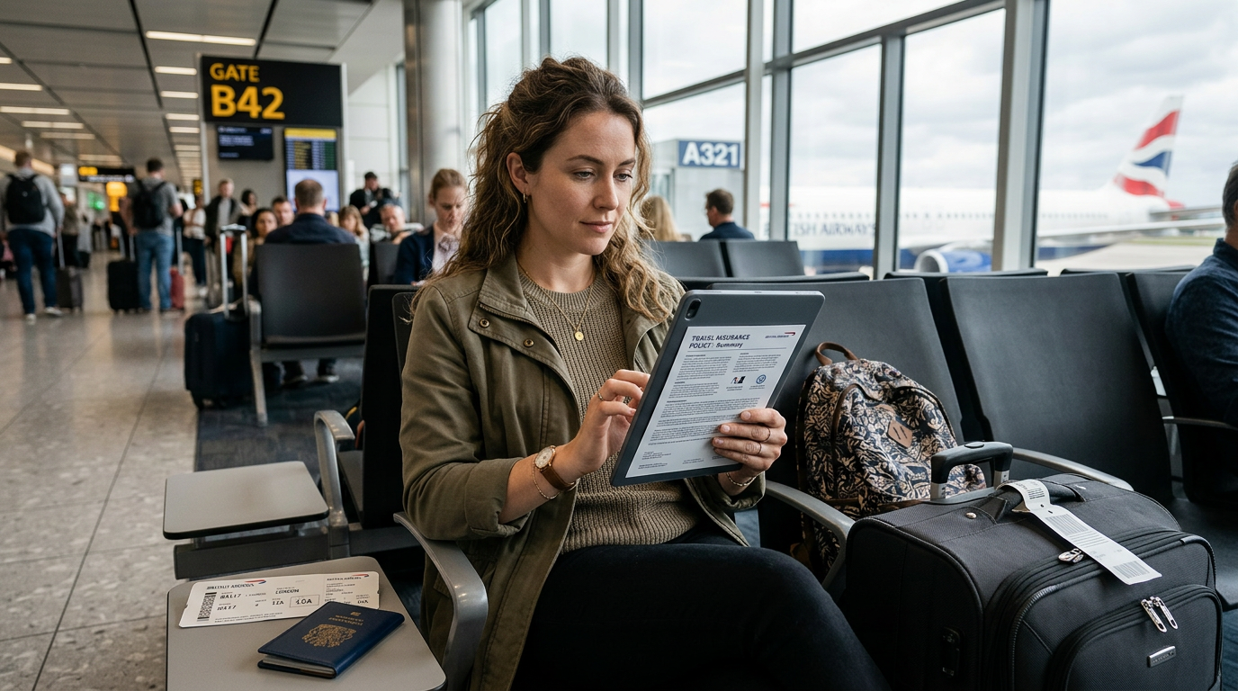 A traveler at an airport gate reviewing a travel insurance policy document on a tablet, with a suitcase and boarding pass nearby