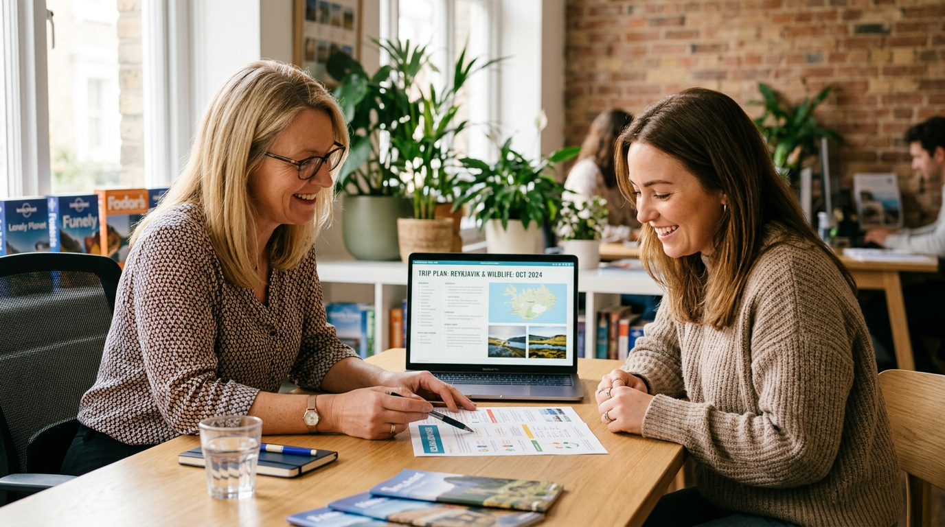 A travel advisor and client sitting together at a desk reviewing a printed itinerary, with a laptop showing a trip planning screen between them, warm natural light