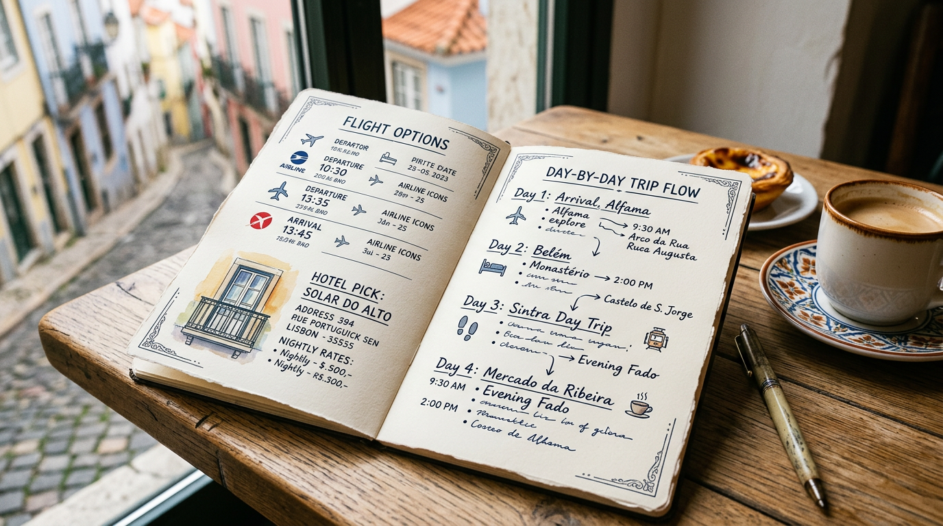 Sample draft itinerary document showing flight options, a hotel pick, and a day-by-day trip flow for a Lisbon trip