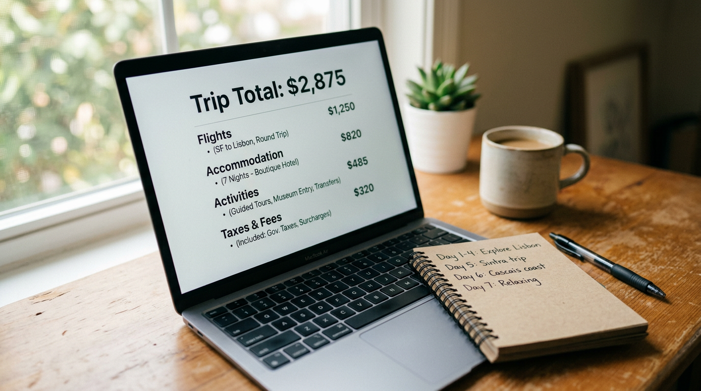 A clear, itemized trip price displayed on a laptop screen next to a notepad, with no hidden fees or fine print in sight