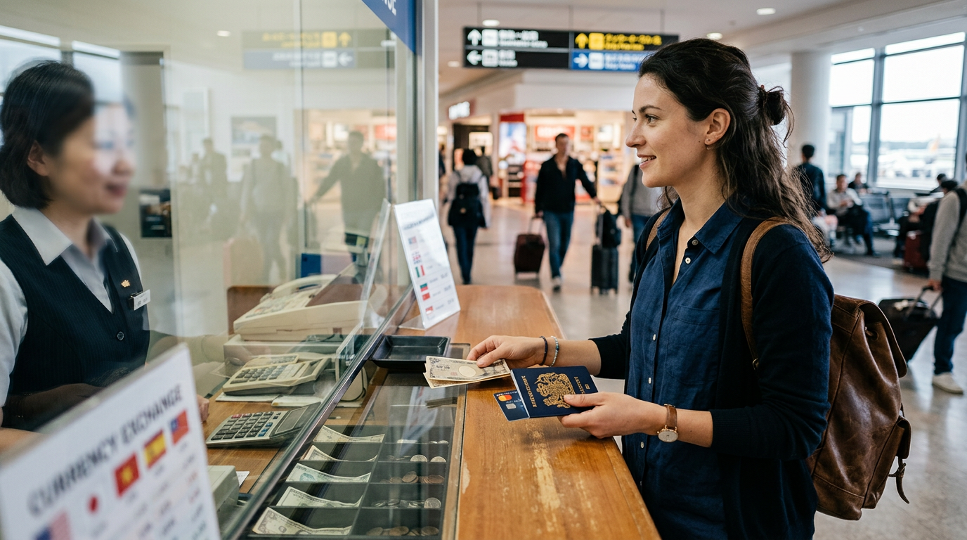 A traveler holding a credit card and passport next to a currency exchange counter at an airport