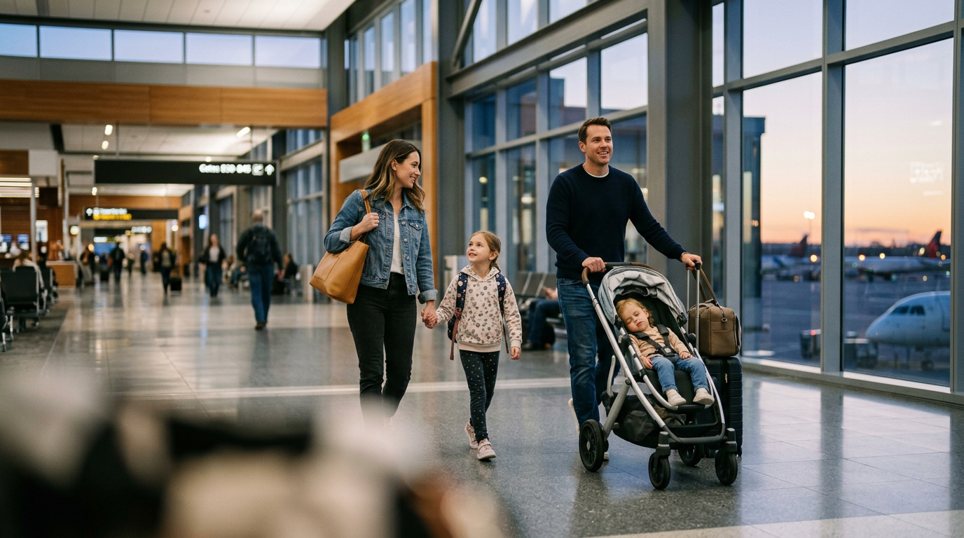 Parents walking with two young children and a stroller through an airport terminal
