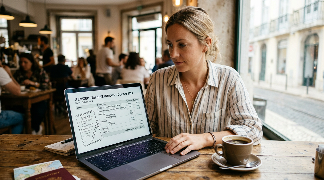 A traveler reviewing an itemized trip price breakdown on a laptop screen next to a cup of coffee