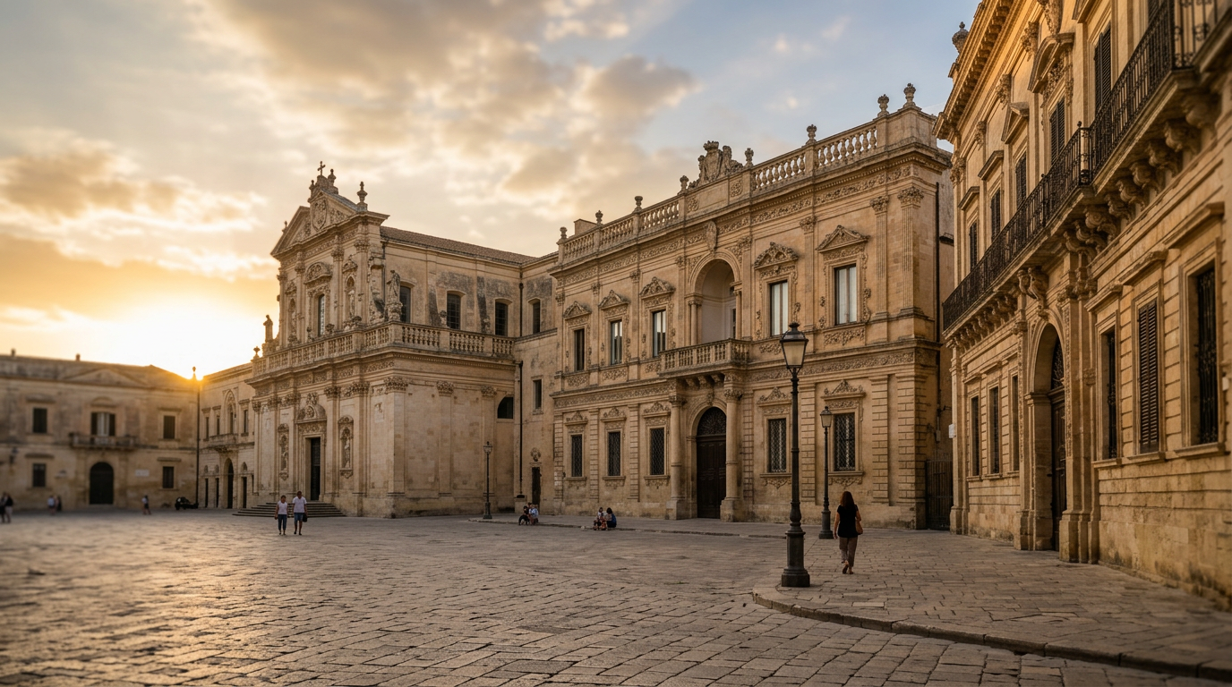 Golden baroque buildings lining a quiet stone piazza in Lecce, Italy at sunset