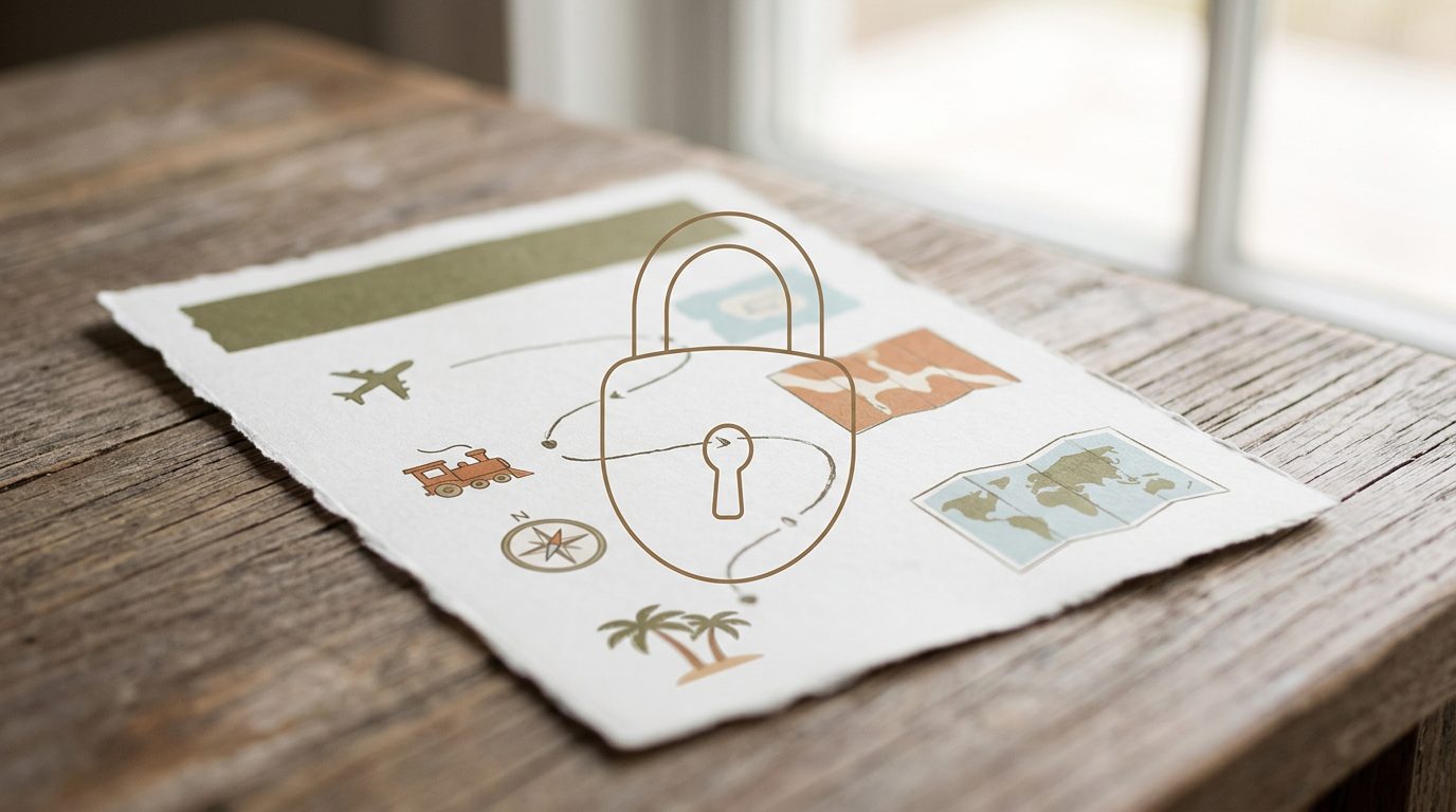 A simple illustration of a travel itinerary document behind a soft padlock outline, suggesting protected trip data without looking overly technical or corporate