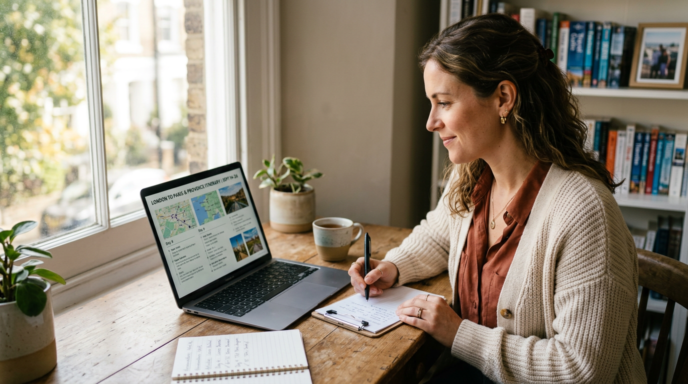 Travel advisor reviewing a draft itinerary on a laptop with a checklist beside them
