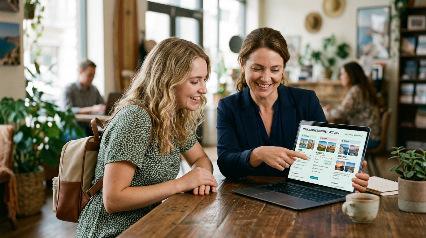 A traveler and a human advisor looking over a laptop showing a completed trip itinerary, with no invoice or fee paperwork in sight