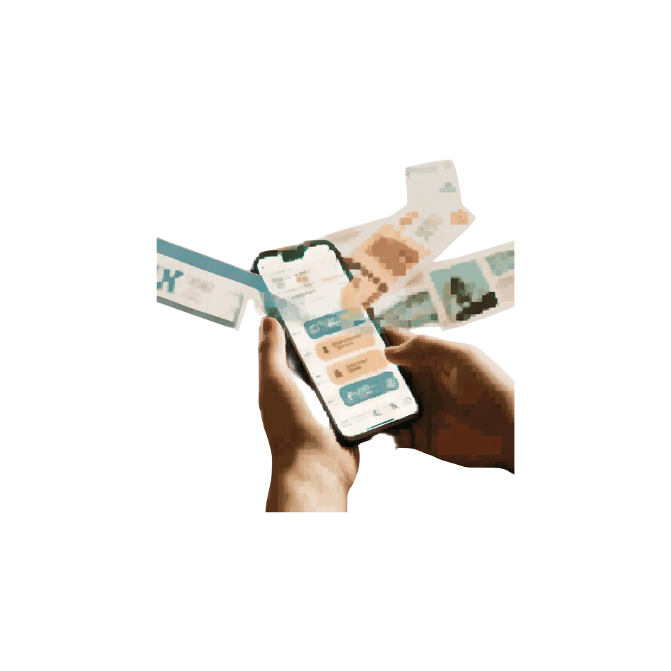 An itinerary being assembled from several pieces at once, flight, hotel, and activity cards converging into a single trip plan on a phone screen
