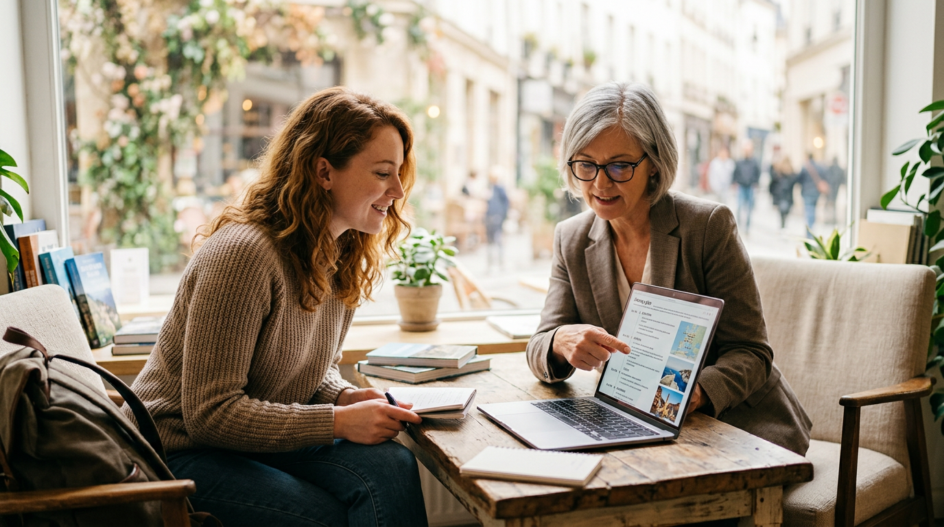 A traveler and a travel advisor reviewing a draft itinerary together on a laptop