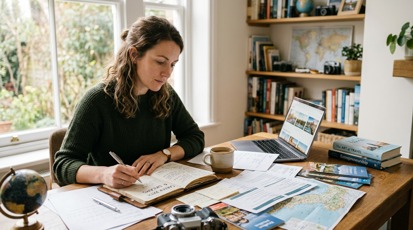 A travel advisor reviewing itineraries and notes at a desk while planning the next stage of their career