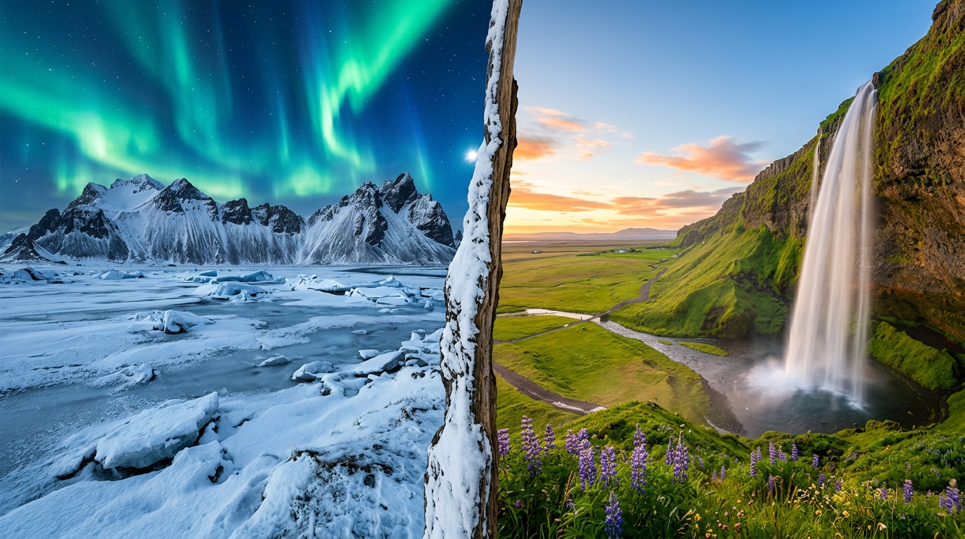 Split view of Iceland's icy winter landscape under the northern lights next to a green summer valley with a waterfall under the midnight sun