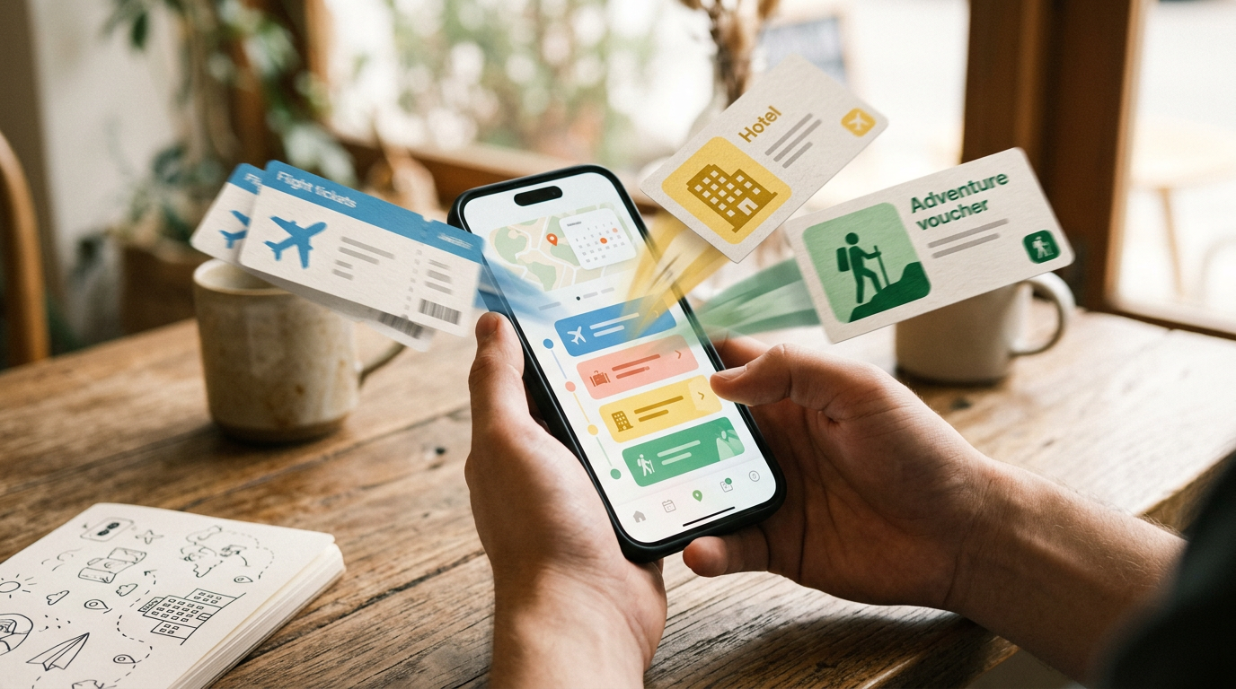 An itinerary being assembled from several pieces at once, flight, hotel, and activity cards converging into a single trip plan on a phone screen