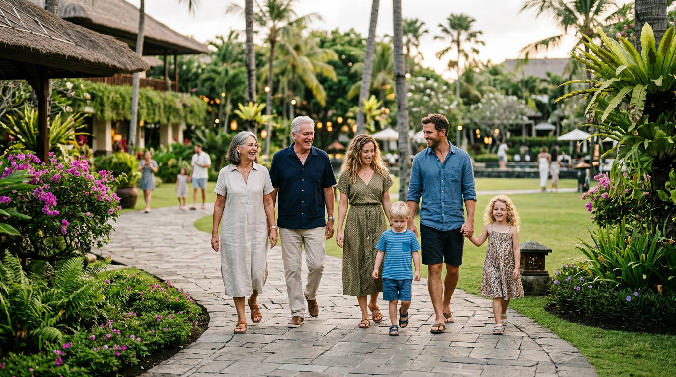 Three generations of a family walking together on a resort path, with grandparents, parents, and young children