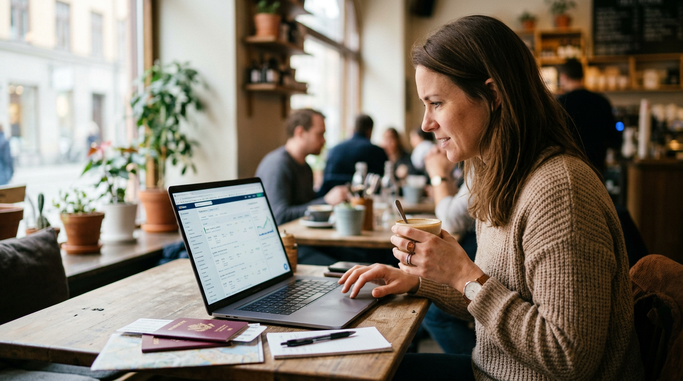 Traveler comparing flight prices and fare rules on a laptop before booking