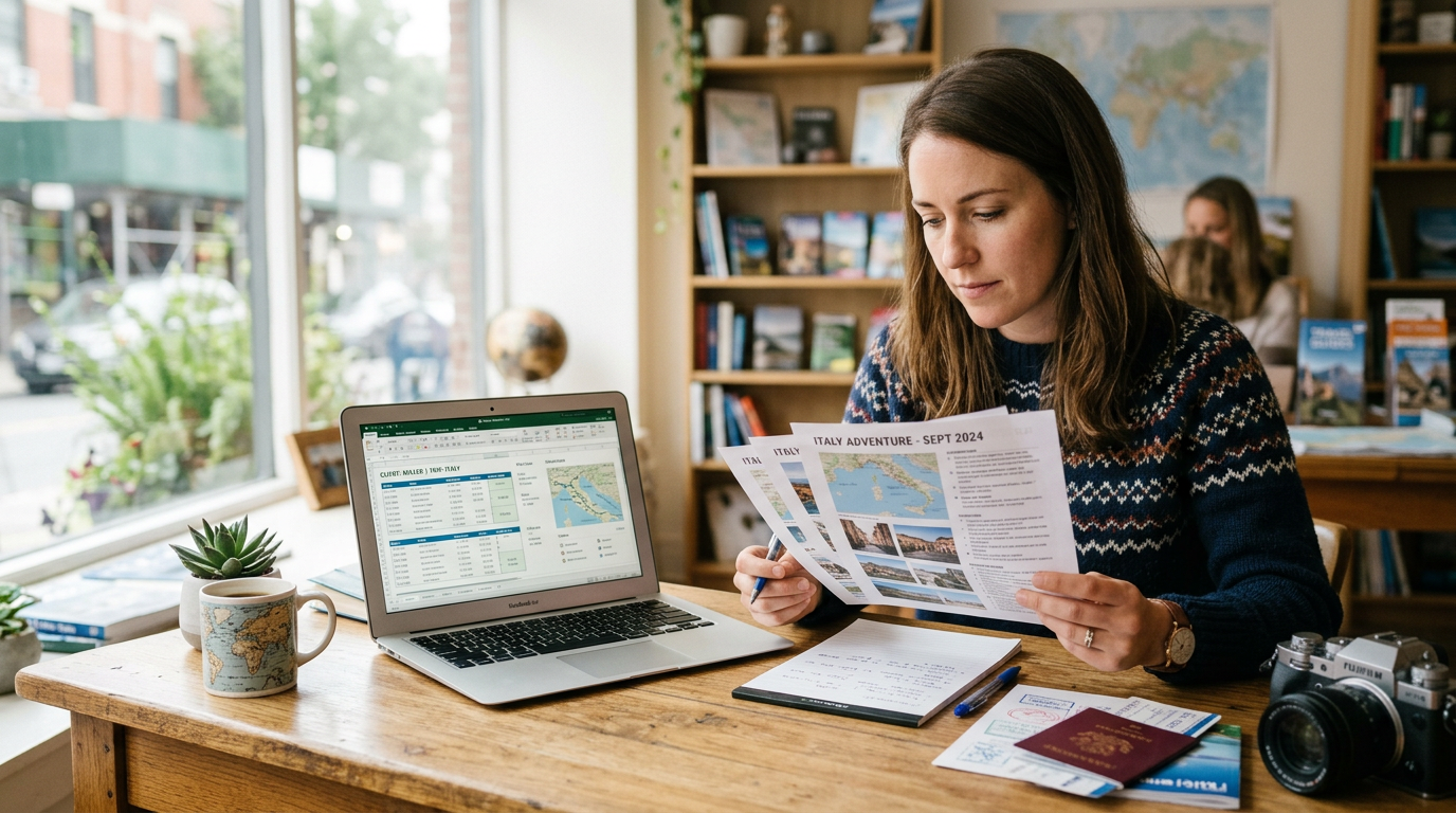 Travel advisor reviewing a printed trip itinerary at a desk with a laptop showing a draft plan