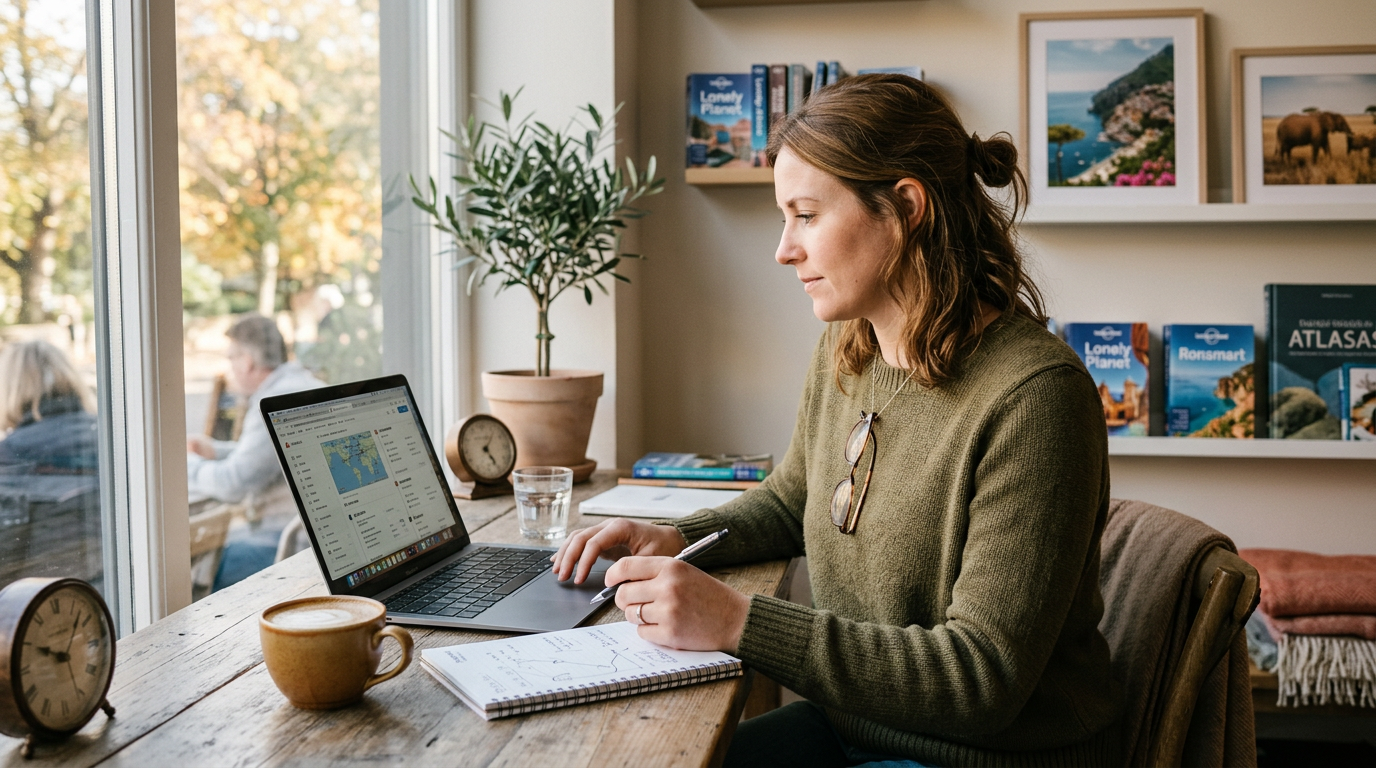 A travel advisor at a desk reviewing a trip itinerary on a laptop, with a notepad and coffee, natural light, calm working environment