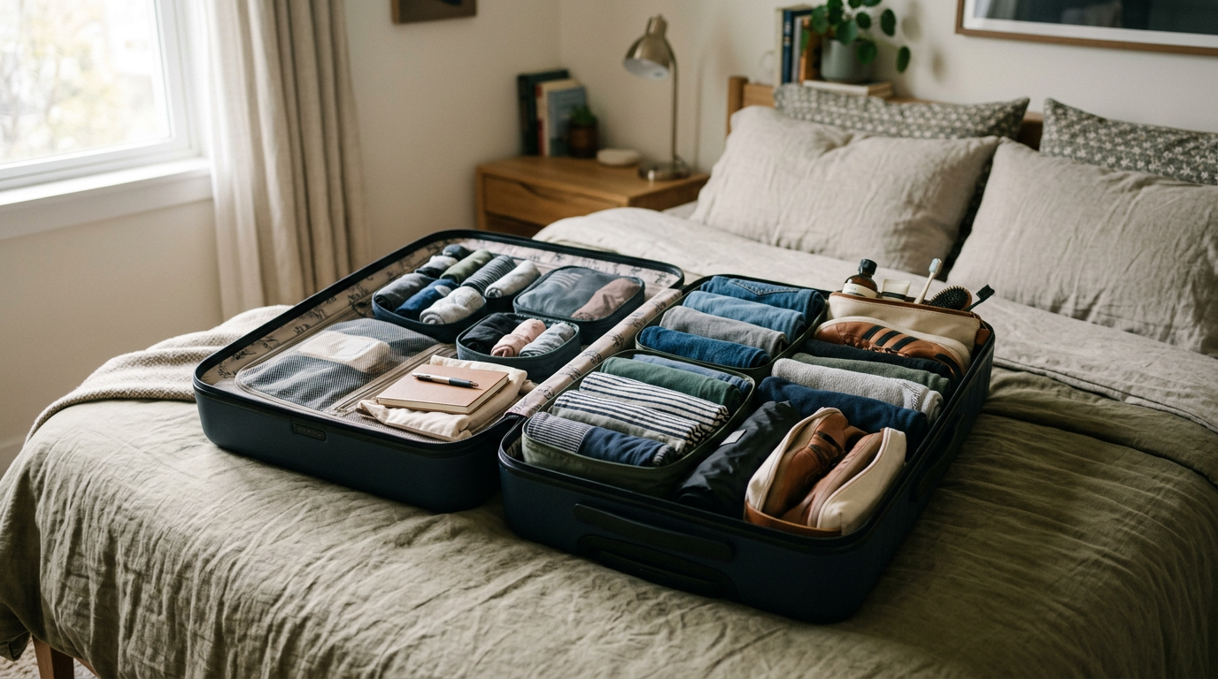 A single carry-on suitcase packed with rolled clothes and packing cubes, open on a bed before a two-week trip