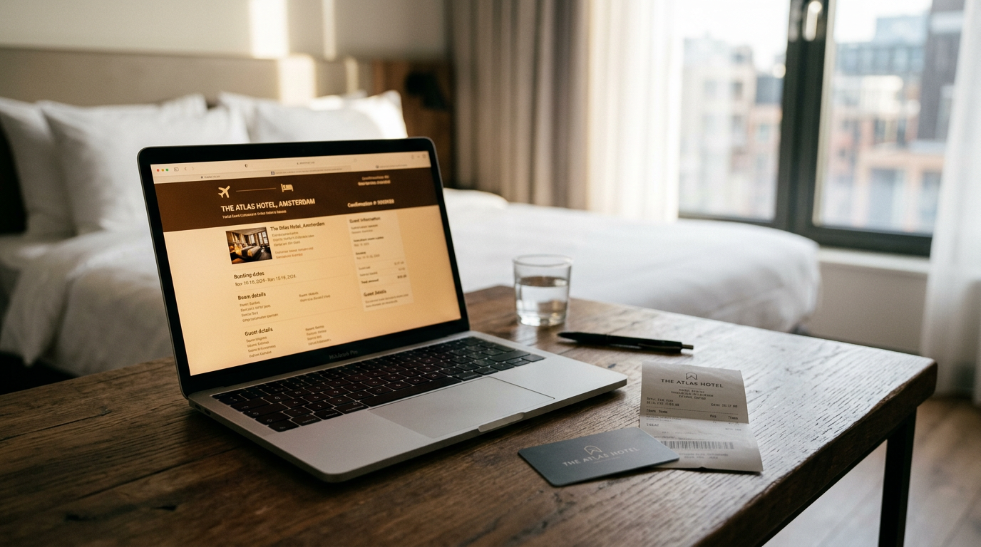 Hotel room key card and receipt next to a laptop showing a booking confirmation screen