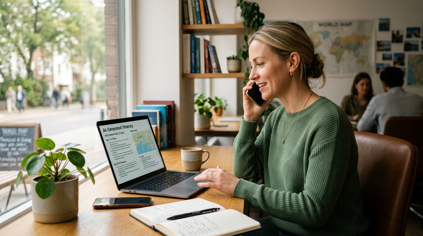 A travel advisor reviewing an AI-generated trip itinerary on a laptop while on a call with a client