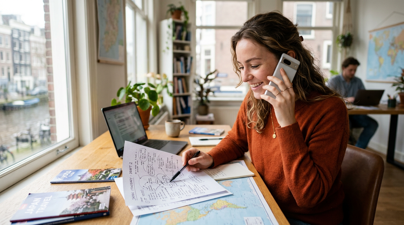 Travel advisor reviewing a draft itinerary while talking with a client on the phone