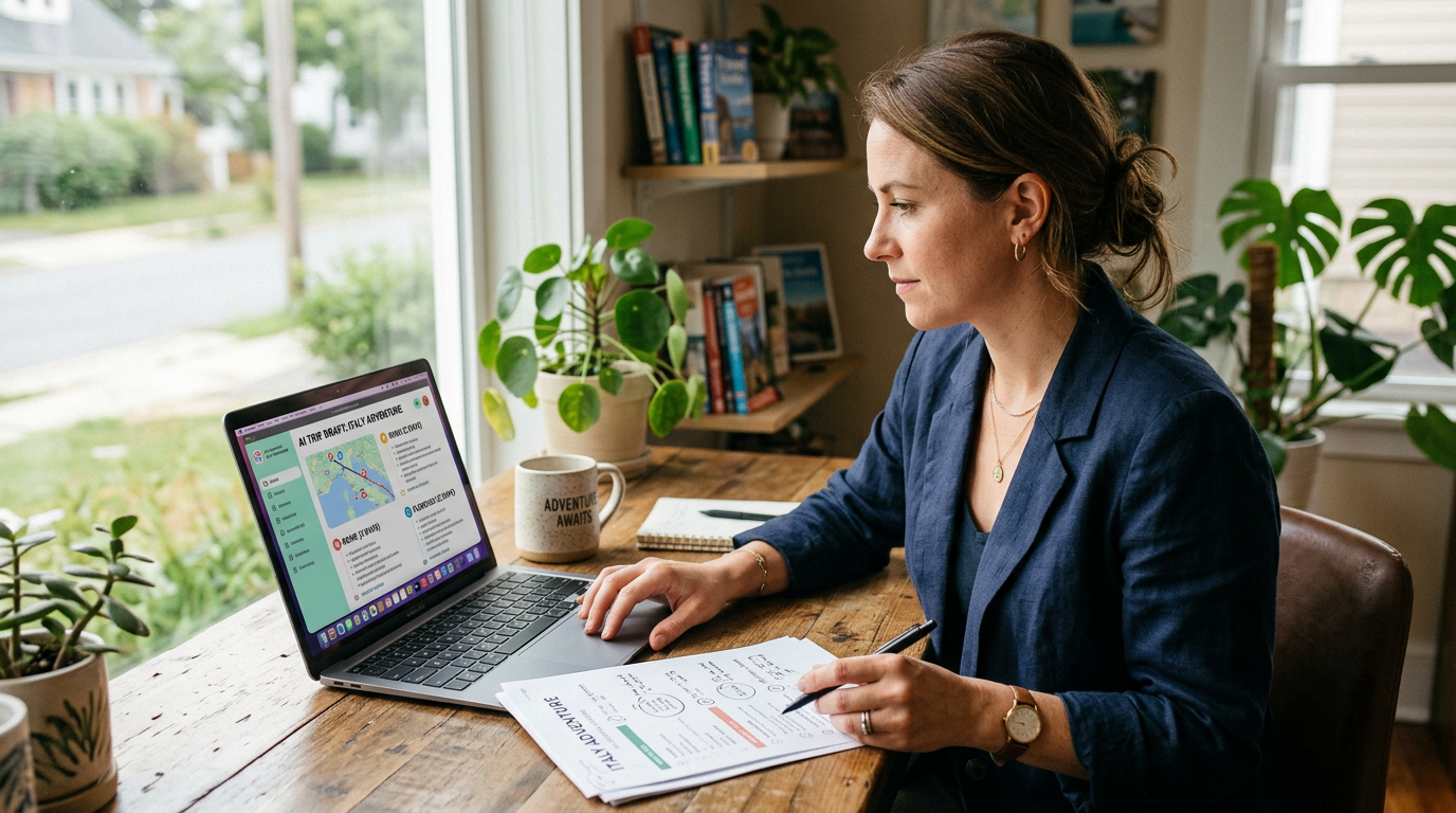 A travel advisor reviewing an AI-generated trip draft on a laptop next to a printed itinerary