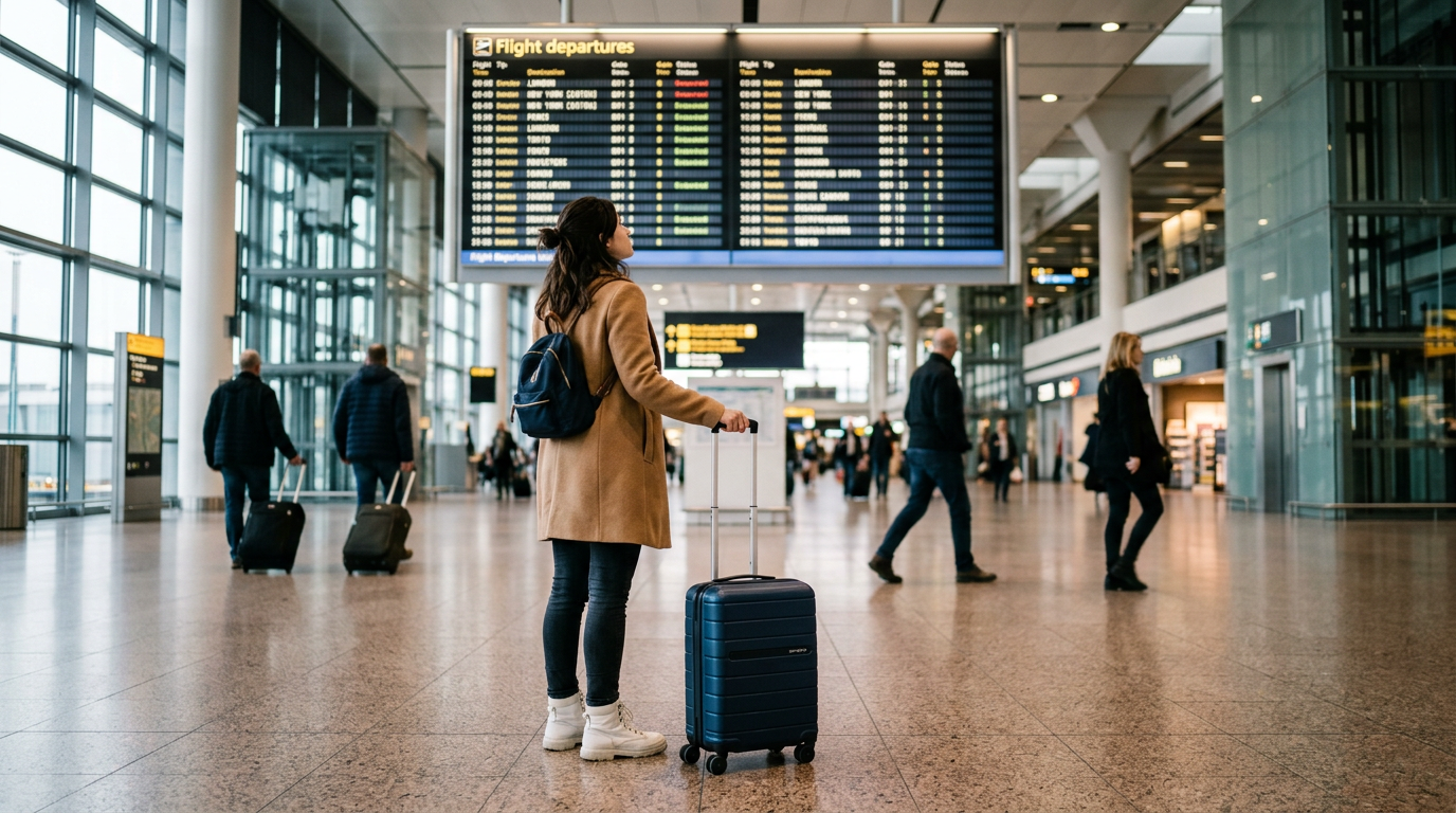 Traveler with a small suitcase looking at a departures board in an airport terminal