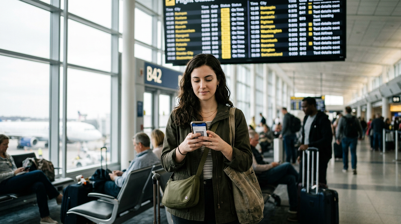 A traveler at an airport gate calmly checking a phone showing an updated itinerary, with a flight status board in the background