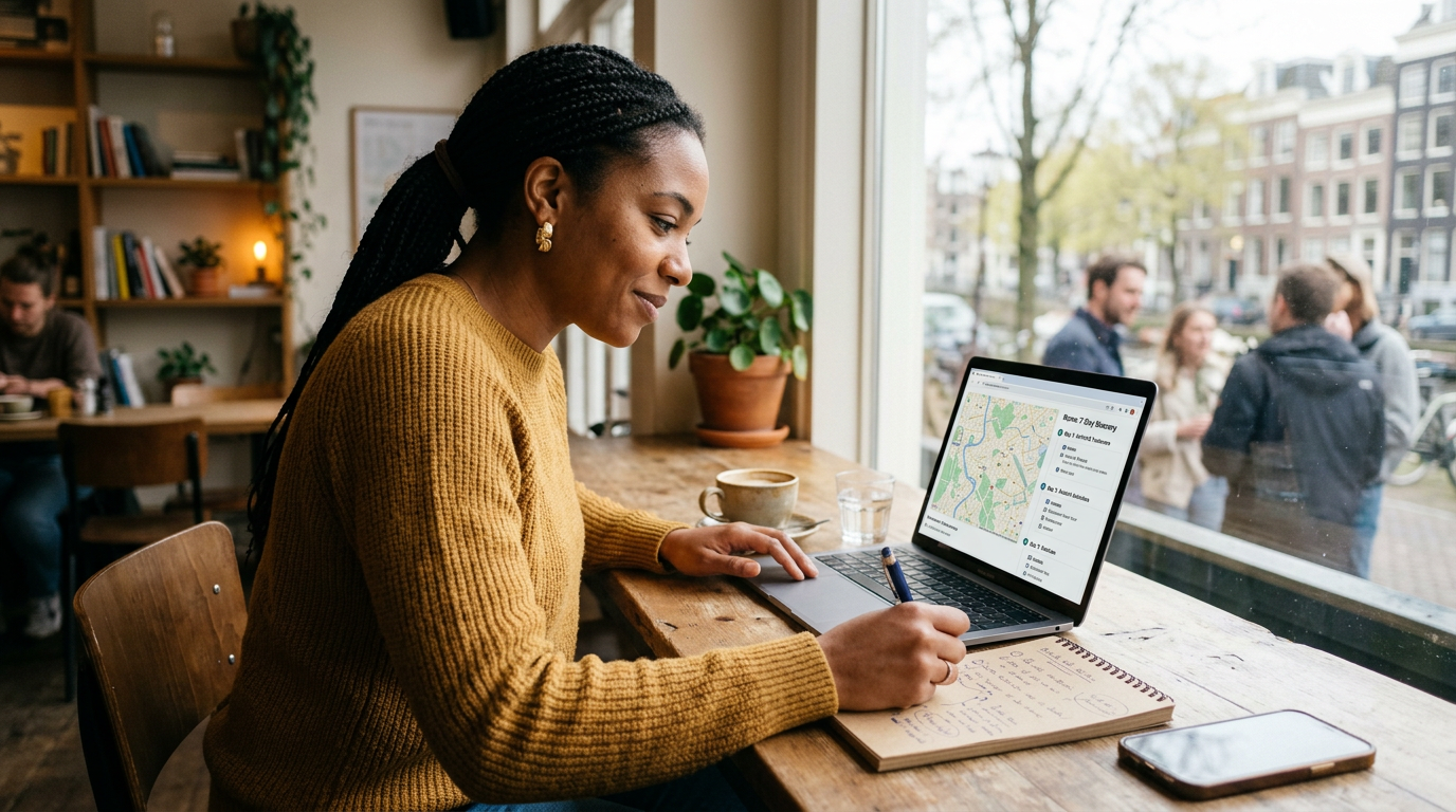A travel advisor reviewing an AI-generated itinerary draft on a laptop alongside handwritten notes