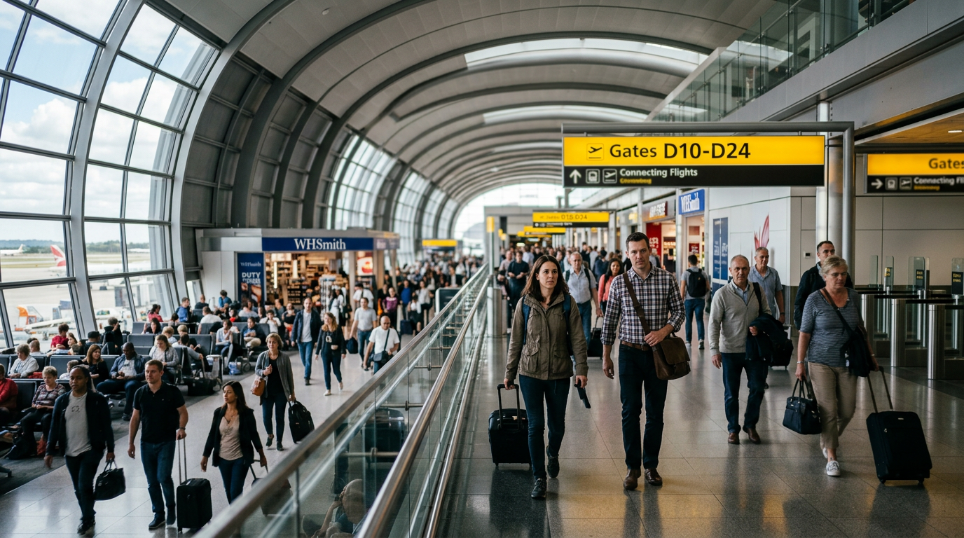 Travelers walking through a busy airport terminal toward connecting flight gates