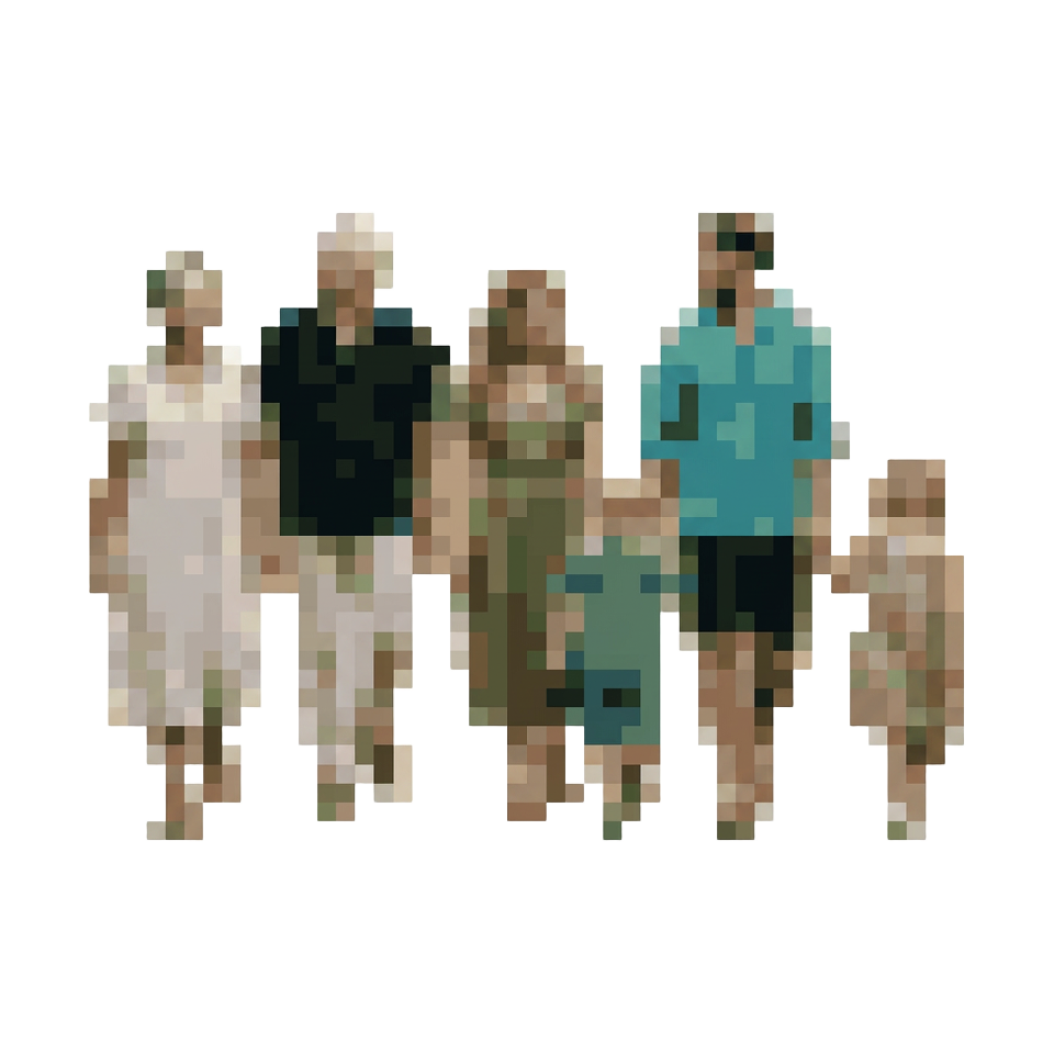 Three generations of a family walking together on a resort path, with grandparents, parents, and young children